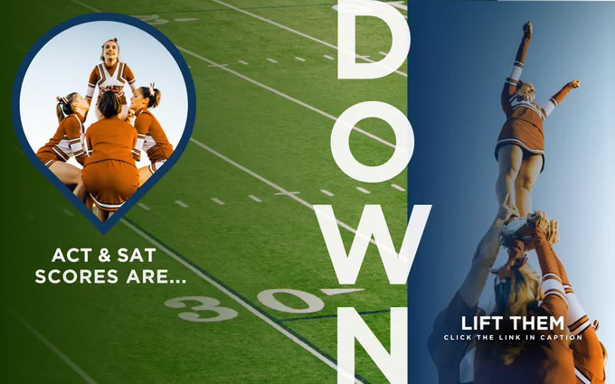 Cheerleaders lifting a flyer on a football field with text that says, "ACT & SAT scores are... DOWN. Lift them. Click the link in the caption" over a photo of the flyer on hands.