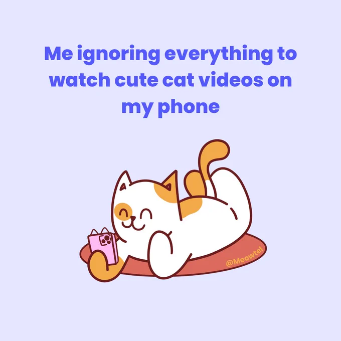 Large purple text says "Me ignoring everything to watch cute cat videos on my phone". An illustration shows Timothy the cat lying on his stomach while watching his pink phone.