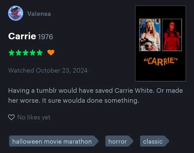 Having a tumblr would have saved Carrie White. Or made her worse. It sure woulda done something.