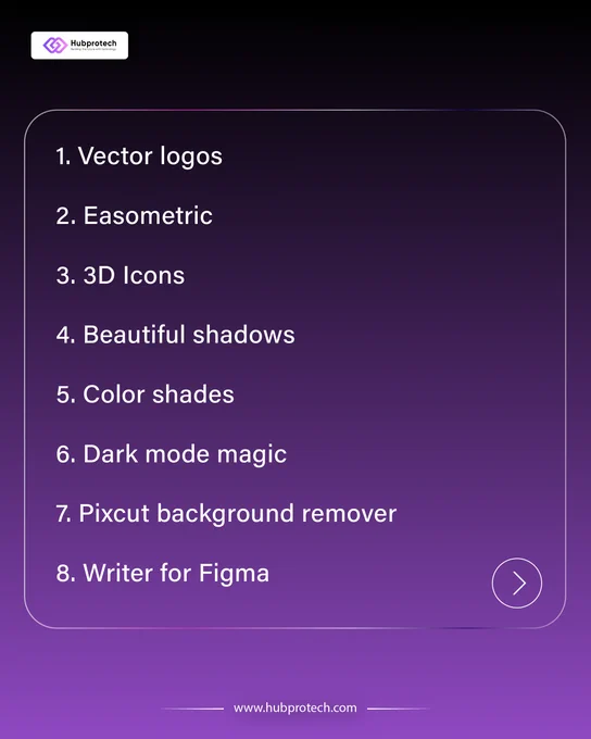 1. Vector Logos
2. Easometric
3. 3D Icons
4. Beautiful Shadows
5. Color Shades
6. Dark Mode Magic
7. Pixcut Background Remover
8. Writer For Figma