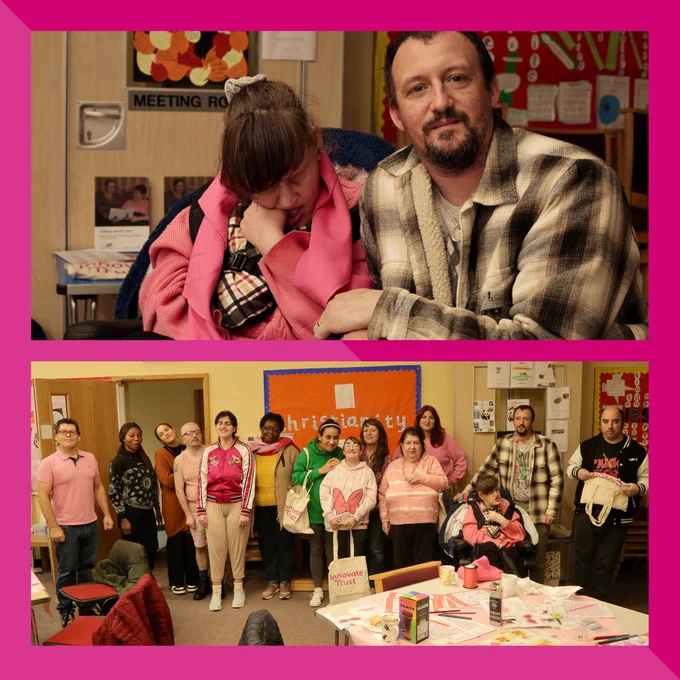 2 images. 1 of two people sat at a table supporting one another, the next a group of 14 people dressed in pink, gathered together at a coffee morning