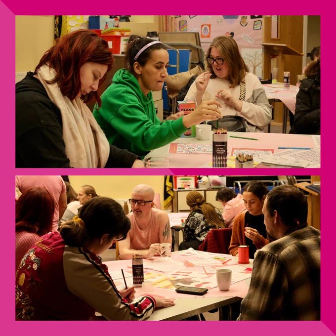 2 images of many people dressed in pink, sitting around tables in discussion at a coffee morning
