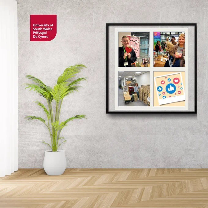 Interior wall with plant and photos of past library social media posts
