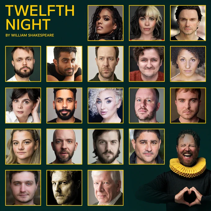 A green designed image with headshots of the Twelfth Night company on, bordered by yellow. In the top left, yellow text reads: Twelfth Night by William Shakespeare. In the bottom right corner, a small image of Samuel West as Malvolio, wearing a yellow ruff.