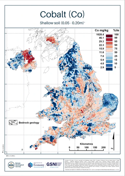 UK Topsoil Geochemical maps produced by BGS pinpoint the distribution of 41 different chemical elements around the UK - this map shows Cobalt . BGS © UKRI.  Contains OS data © Crown copyright and database rights 2023