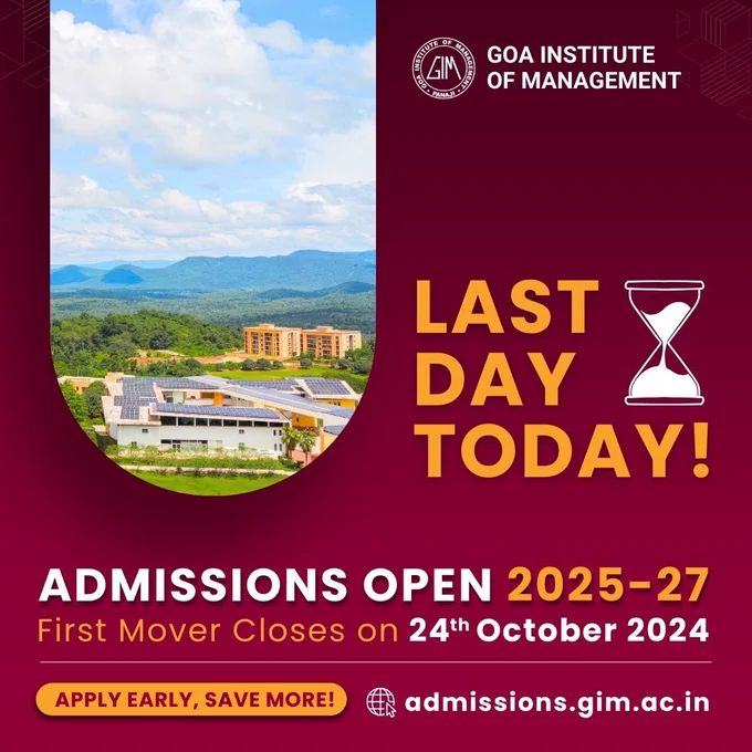 The First Mover Round of admissions for the Batch of 2025-27 at Goa Institute of Management (GIM) closes today. Prospective students are encouraged to submit their applications for a chance to secure a spot at one of India’s leading management institutes.