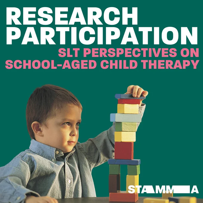 child building with blocks, with text reading research participation, slt perspectives on school aged child therapy