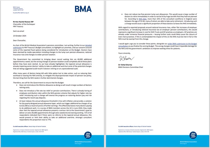 Screenshot of letter from BMA Pensions Committee Chair to the Chancellor of the Exchequer Rachel Reeves MP.