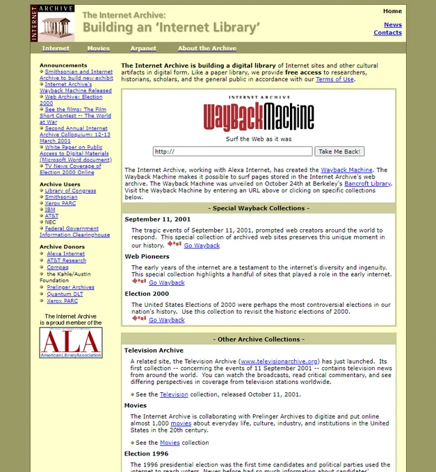 Internet Archive website in 2001