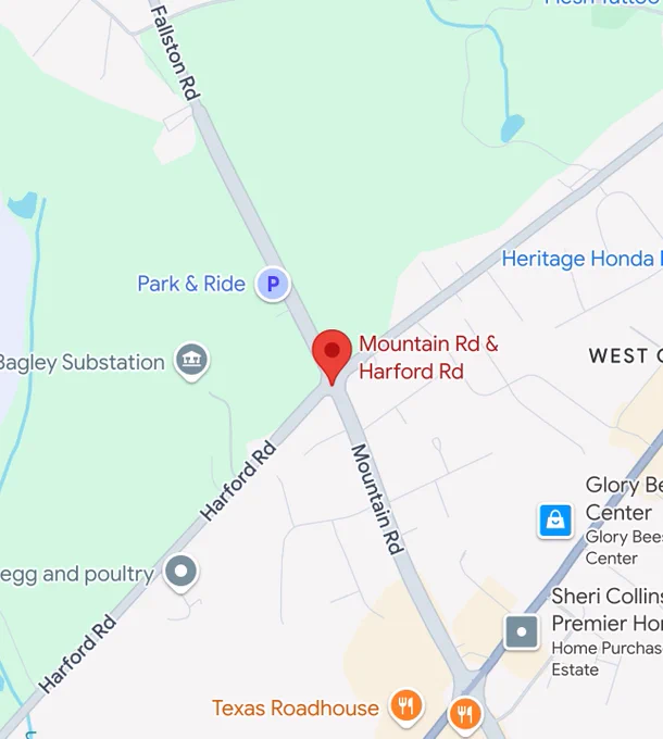 Map with pinpoint at Mountain Rd & Harford Rd