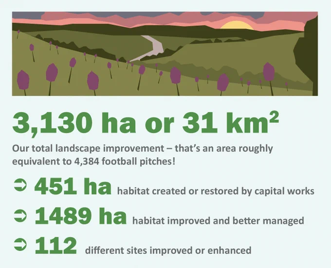 Poster with an illustration of a field of purple orchids and a river with the words "130 ha or 31km sq.".