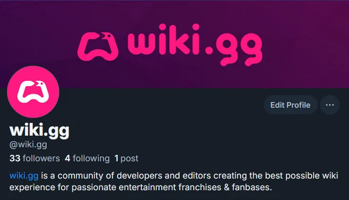 A screenshot of wiki.gg's Bluesky profile (@wiki.gg)