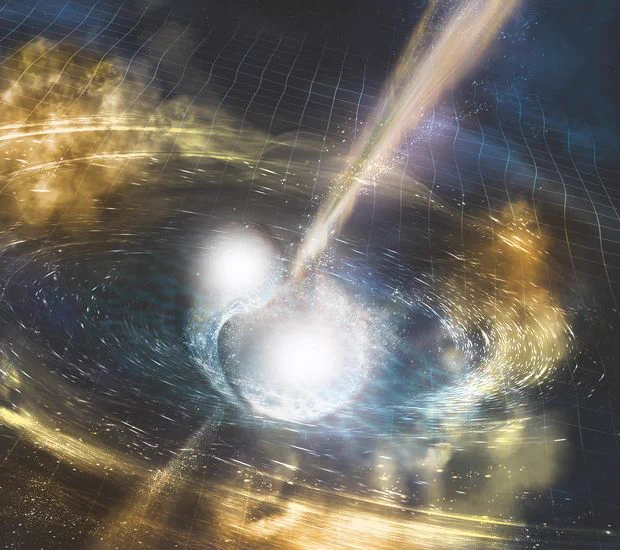 An artist’s illustration of two merging neutron stars. 