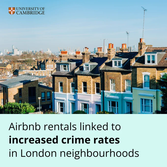 London townhouses in Greenwich under a clear sky. A text overlay reads: "Airbnb rentals linked to increased crime rates in London neighbourhoods".

Photo credit: Karl Hendon/Getty