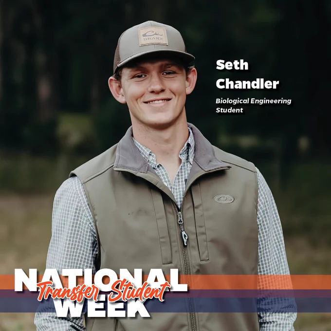 "National Transfer Student Week"
"Seth Chandler, Biological Engineering Student"

A young man stands smiling in an open field.