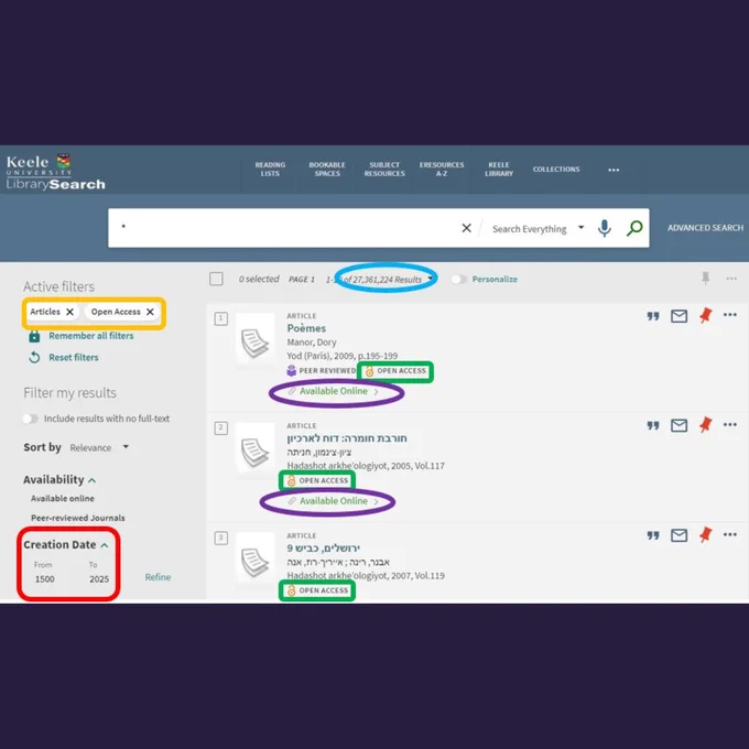 Screenshot showing how to filter LibrarySearch to show open access articles.