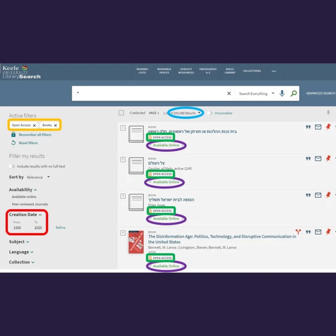 Screenshot showing how to filter LibrarySearch to show open access books.