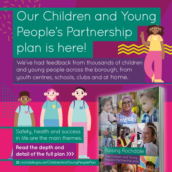 pic shows a vibrant pink advert for the new Children and Young People's plan.