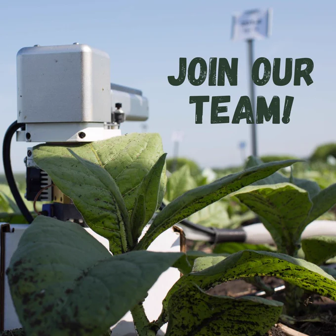 Green leaves from a plant in the foreground with a white machine behind the leaves in the top left with a blue sky in the background. The top right says Join Our Team in green letters.
