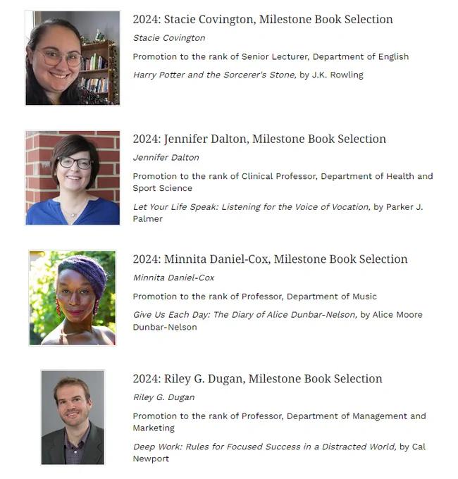 listing of promoted faculty with their headshot and book selection