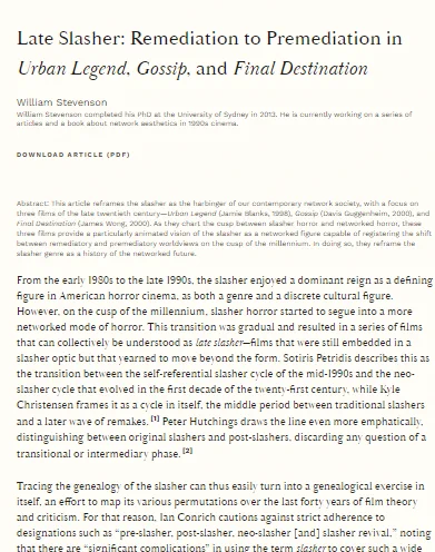 On the left, a screenshot of the article “Late Slasher: Remediation to Premediation in Urban Legend, Gossip &Final Destination," in plain text.