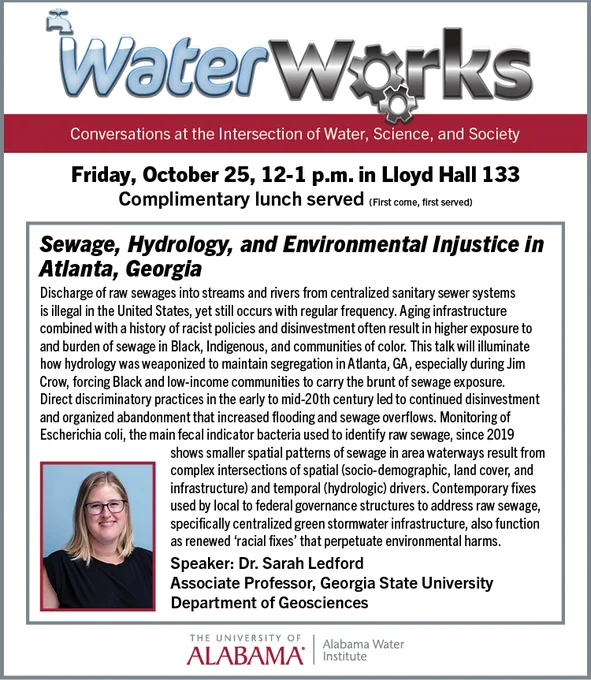 Promotional poster for a lecture featuring speaker Dr. Sarah Ledford from Georgia State University. The event is scheduled for Friday, October 25, 12-1 p.m. in Lloyd Hall 133 at The University of Alabama.