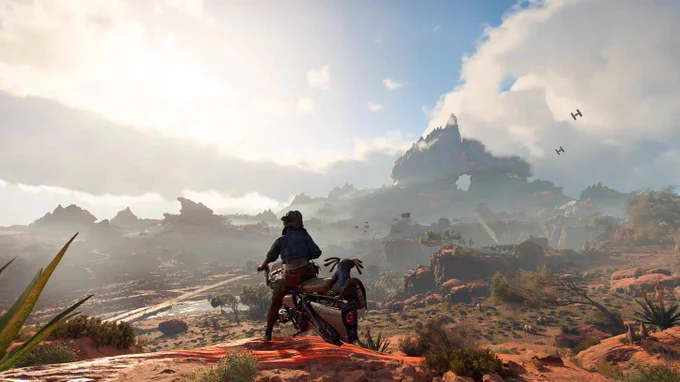 Kay and Nix on a speeder, looking out over a rocky landscape. A few TIE Fighters fly in the distance.