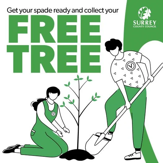 Poster is advertising free trees available. It has a graphic of two people planting a tree.