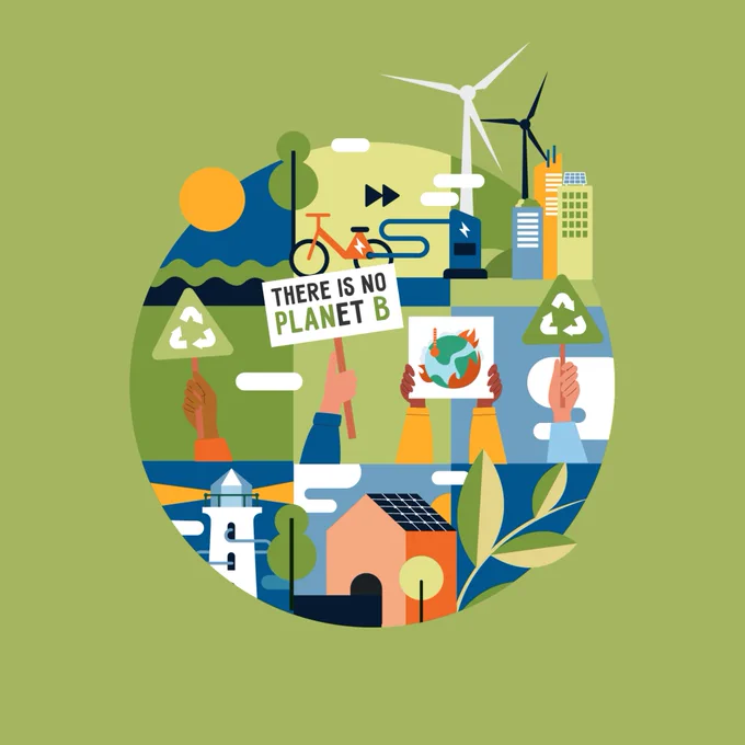 An illustrated collage depicting environmentalist signs, wind turbines, ebikes and a lighthouse.