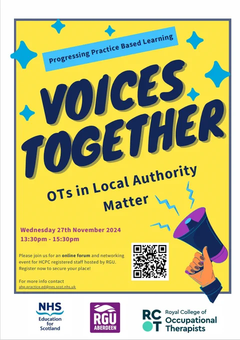 Yellow background poster with wording progressing practice based learning, voices together, OTs in local authority matter Wednesday 27th November 1330-1530