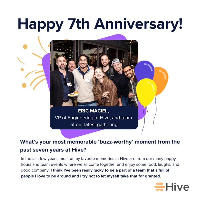 A celebratory social media post with the heading 'Happy 7th Anniversary!' featuring a team photo at a company gathering. The image is decorated with purple, yellow, and orange balloon graphics and styled with the Hive company branding. Below the photo is text identifying Eric Maciel, VP of Engineering at Hive, and his team at a recent gathering. The photo shows seven people smiling together in a casual setting with string lights in the background.