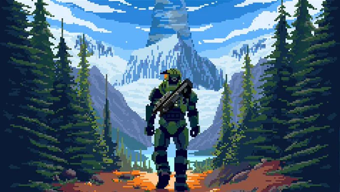 Fan art by nt_xander of the Master Chief in a forest environment on a Halo ring in a pixellated style