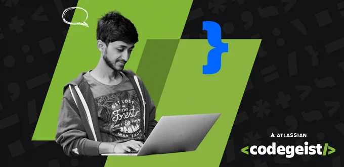 Person using a laptop with the Atlassian Codegeist logo visible in the background.
