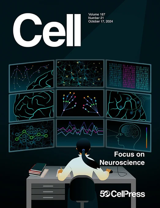 Cover of the Cell focus issue on Neuroscience, featuring artwork showing a scientist analyzing behavior, large-scale recordings, and BMI data to decode the brain. Artist: Julia Kuhl.