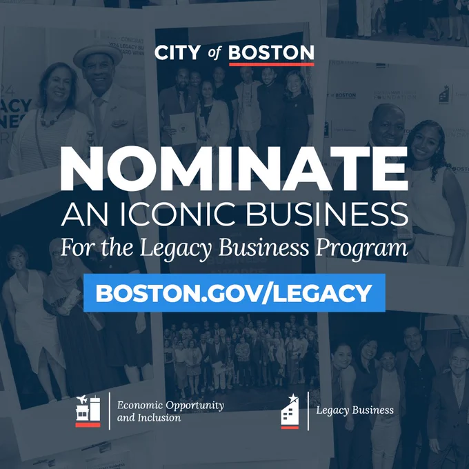graphic with text: Nominate an iconic business! The background is photos of previous winners posing at the ceremony.