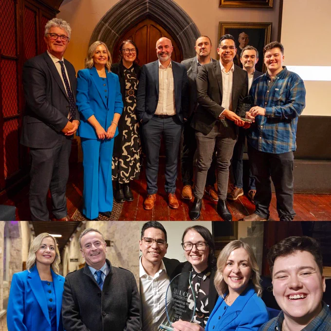 Collage of photos of UCCTV team with UCCPresident John O’Halloran and UCC IT Director Ger Culley in the Aula Max UCC