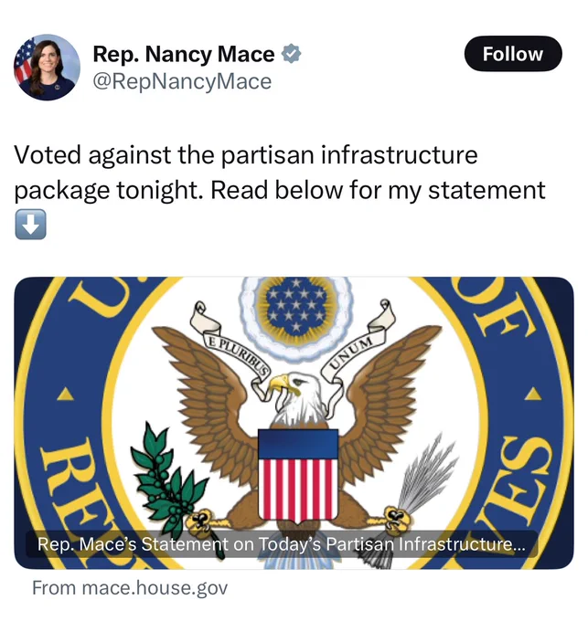 A tweet from Representative Nancy Mace that says "Voted against the partisan infrastructure package tonight. Read below for my statement."