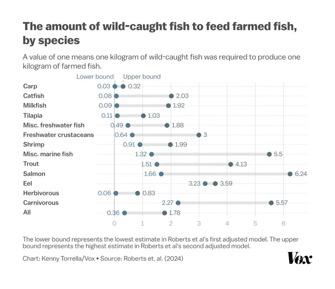 The amount of wild-caught fish to feed farmed fish, by species

Chart: Kenny atórrelela/Vox • Source: Roberts et al. (2024)