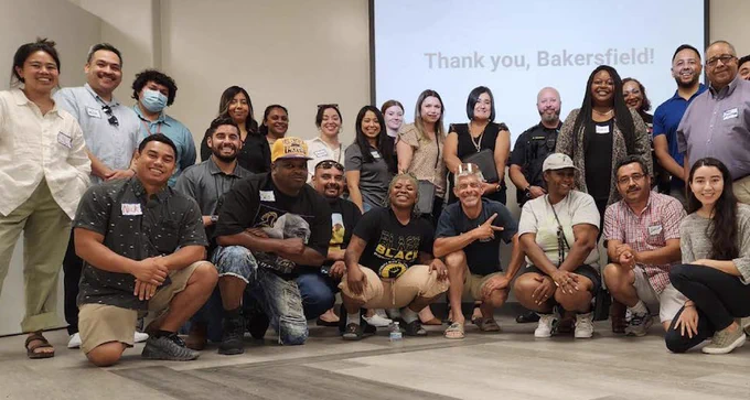 A group photo of the East Bakersfield attendees at the Community Pedestrian and Bicycle Safety Training (CPBST). Read the final report from this workshop: https://safetrec.berkeley.edu/sites/default/files/fy24_east_bakersfield_cpbst_report_final.pdf