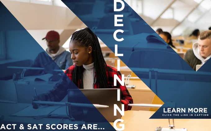 The words, "Declining. Learn more. Click the link in our bio" over a picture of students studying. The words, "Declining. Learn more. Click the link in our bio".