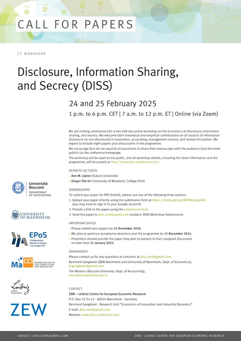 Call for papers for DISS 2025: Workshop Disclosure, Information Sharing, and Secrecy

Workshop website: https://diss-conference.com/conference2025/
Submission link: https://forms.gle/yjxJMHft8LcgywiR6