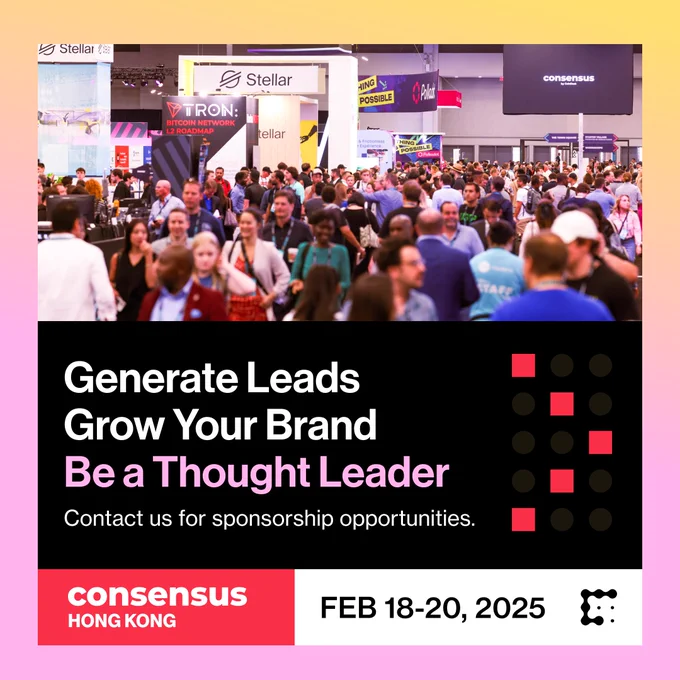 Promotional image for the Consensus conference held on February 18-20, 2025, featuring a busy conference hall with attendees and banners for Stellar, TRON, and other entities. Text overlay encourages generating leads and growing brands with sponsorship opportunities.