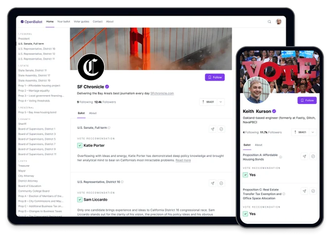 web and mobile screenshots of the OpenBallot voter guide platform