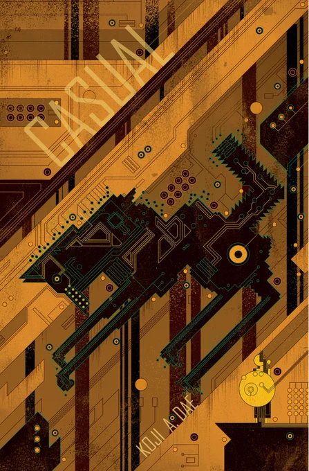Cover of Casual. A circuit board in the shape of a fox inlayed on a larger copper circuit board with a pregnant woman in the lower right corner. 

Text: Casual, Koji A. Dae