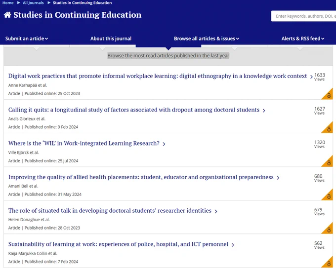 Kuvakaappaus Studies in Continuing Education -lehden Browse the most read articles published in the last year -osiosta.