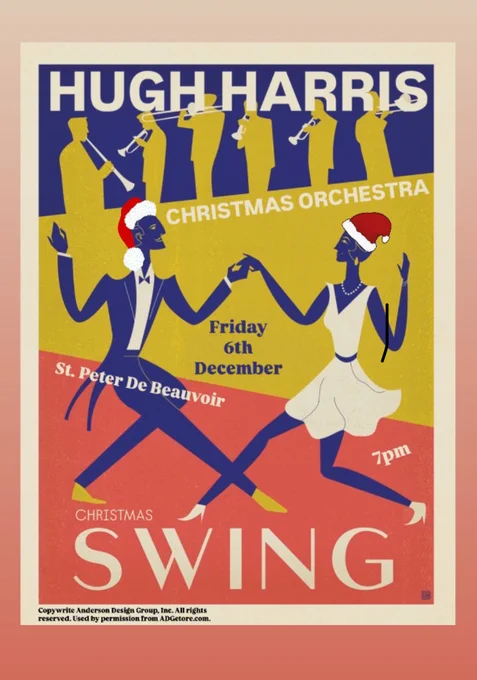 A poster for the concert showing two stylised swing dancers in Santa hats with text. Hugh Harris. Christmas Orcestra. Friday 6th December. 7pm. Christmas Swing.