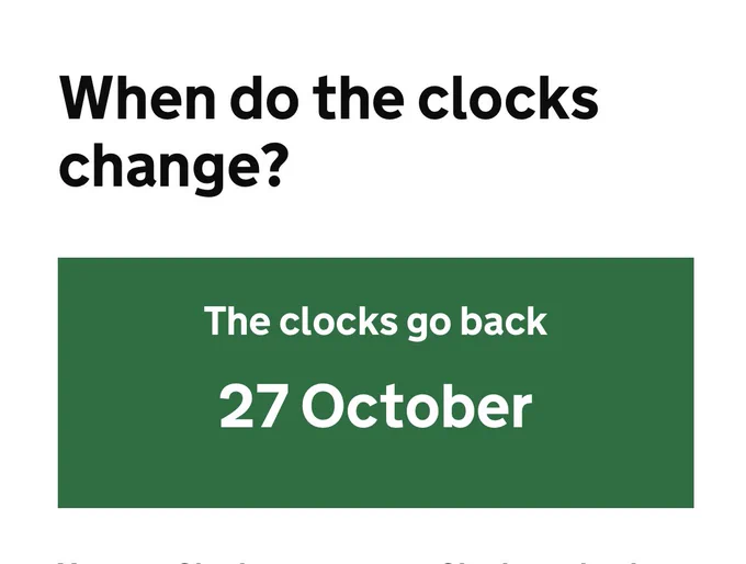 Graphic with the words when do the clocks change and the words the clocks go back 27 October in a green central box