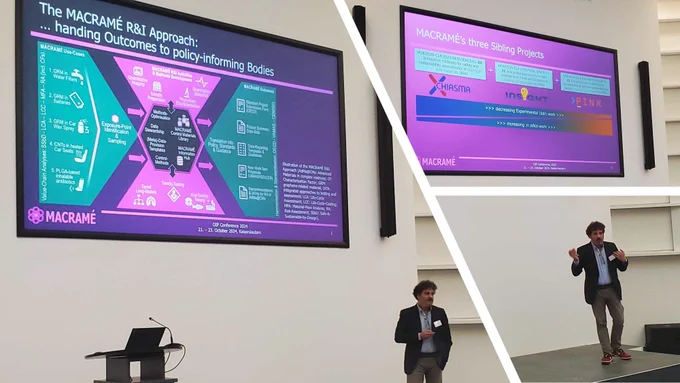 Composite picture showing the MACRAMÉ project Partner from LIST presenting the MACRAMÉ talk on 'Regulatory relevant R&I of Advanced Materials & Chemicals', and the MACRAMÉ sibling projects www.CHIASMA-Project.eu, www.INSIGHT-Project.org, and www.PINK-Project.eu.
