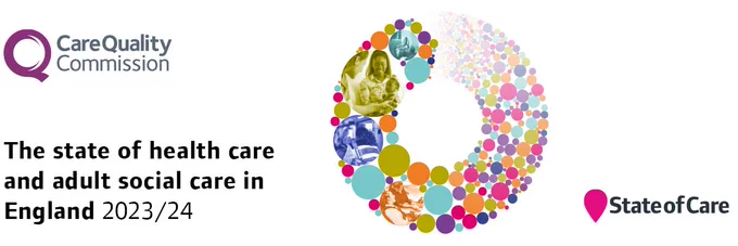 State of care logo and the care quality commission logo with a ring of multicoloured circles, some of which have colourised photos in, such as an ambulance worker, a mother and her child on her knee, and an older gentleman sat on a chair etc