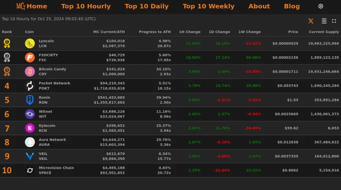 Top 10 Hourly Market Cap Gainers - Oct 25, 2024 09:02